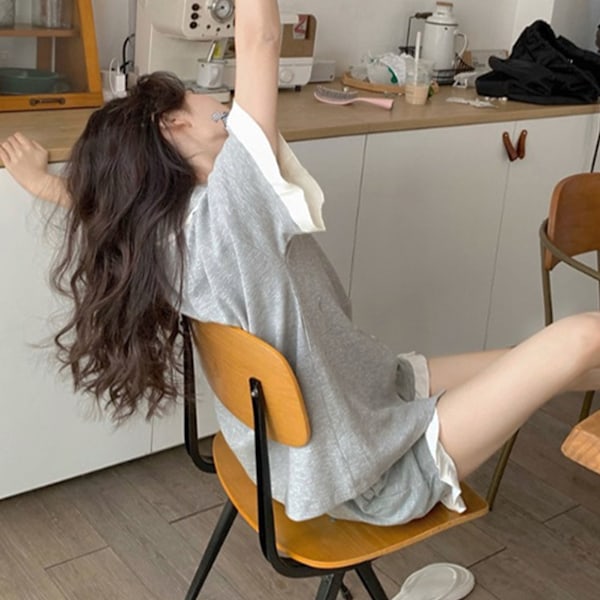Dam Pyjamasset Kortärmad Sovkläder Knäppning Tvådelat Nattlinne för Vår Sommar Grå XL