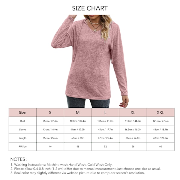 Dam Långärmad Hoodie V-ringad Dragsko Enfärgad Lös Casual Tröja Rosa M