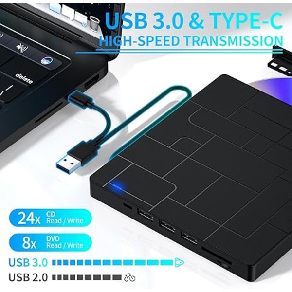 Bärbar Optisk Enhet, Höghastighets USB 3.0 Extern CD/DVD-enhet för Laptop Desktop PC, Plug and Play CD-brännare, DVD-spelare med Felkorrigering för