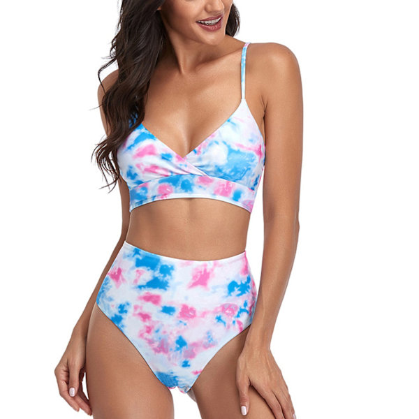 Delad Bikini Tie Dye Tryck Hög Midja Elastisk Andningsbar Bekväm Baddräkt för Strand Rosa XL