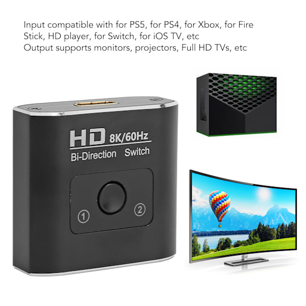 HD Multimedia Interface-växel 8K 60Hz Bidirektionell 2 Portar 48Gbps Hög Hastighet Videouppdelare för Xbox för PS5 TV