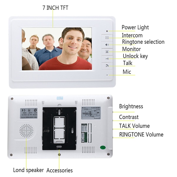 7in videodørtelefon dørklokke nattesyn HD LCD håndfri ledninger video dørtelefon skærm med kamera skærm 100‑240V EU stik