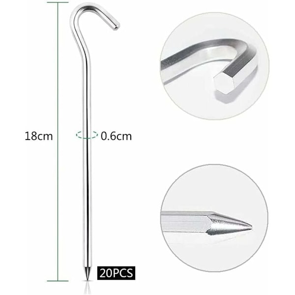Tältpinnar i aluminium, hexagonformade lätta pinnar för tält - Hög hållfasthet för olika underlag, solid aluminiumlegering, 20 stycken, 18 cm, krok