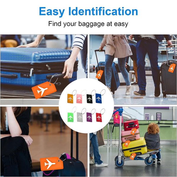 8-pakning bagasjelapp i legering for håndvesker, reisesaker og kofferter med navneskilt for rask identifisering av bagasje og kofferter (flerfarget)