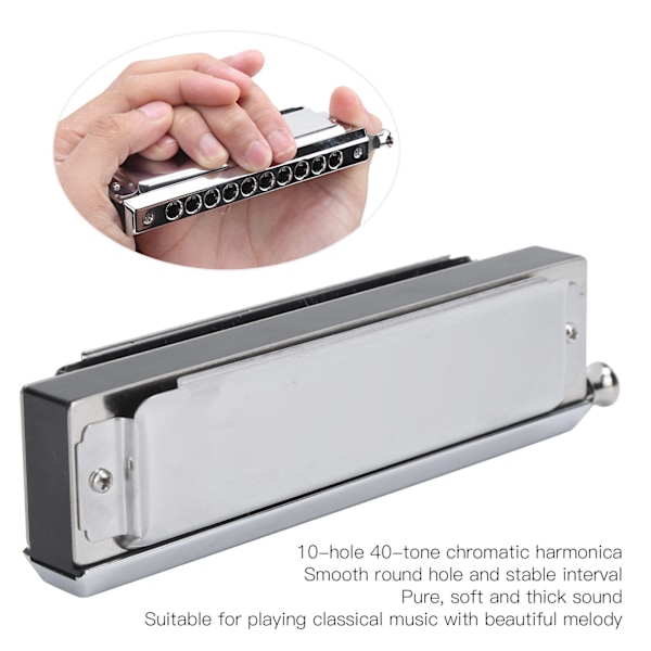 Kromatisk Harmonika 10 Huller 40 Toner 2‑Sidet Polyfonisk Spille Mundharmonika Sølv