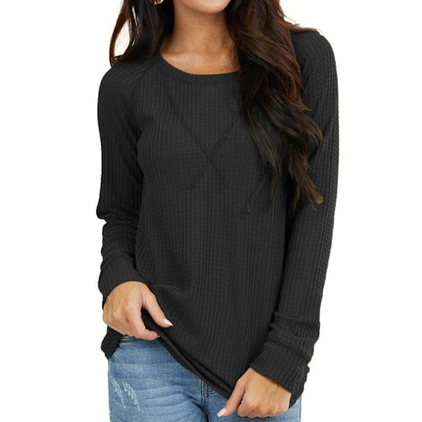 Dam Långärmad Topp Rund Hals Off Shoulder Enfärgad Lös Passform Dam Casual Skjorta för Arbete Dejting Svart M