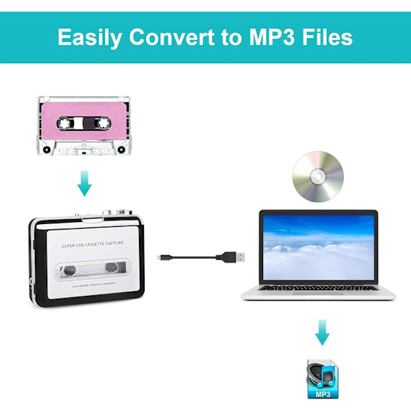 Kassettband till MP3-omvandlare, kassettbandspelare Walkman USB-bandspelare från kassett till MP3, digitala filer för bärbara datorer och Mac-datorer från kassett till MP3 (svart)