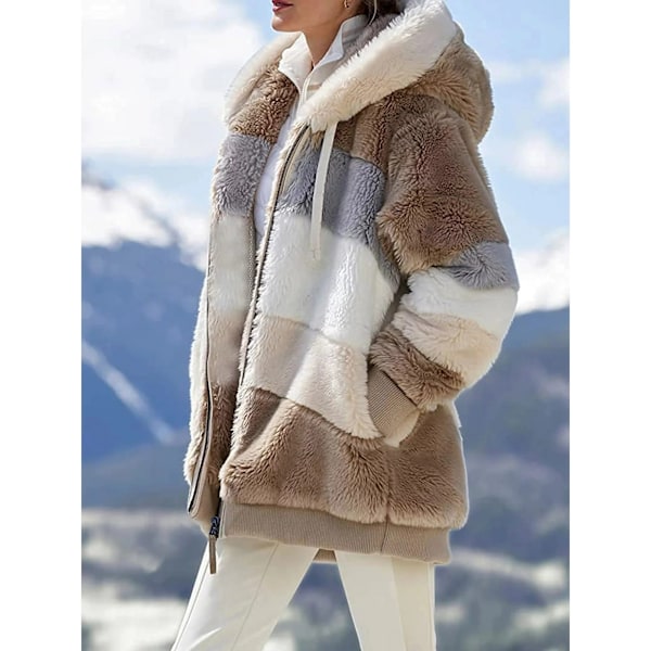 Dam Fuskpälsjacka med Huva Färgblock Långärmad Dragkedja Lös Plysch Flerfärgad Varm Vinterjacka$Casual Fuskpäls Cropped Jacka med Hatt & Slip Khaki Medium