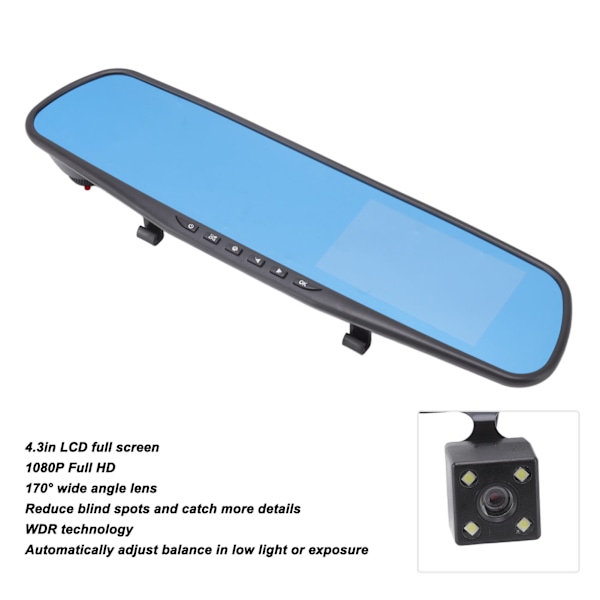 Backspegel Dash Cam 4.3in skärm 1080p Loop inspelning inbyggd G-sensor parkeringsövervakning för bil