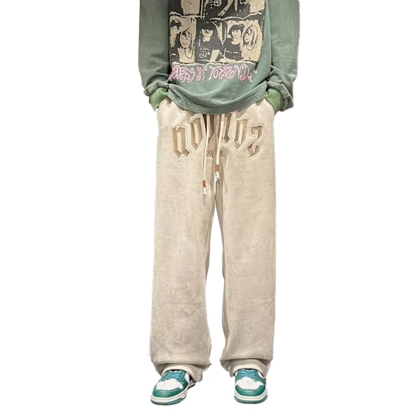 Broderade Sweatpants för Män med Dragsko, Lös Passform, Trendiga Raka Ben, Casual Byxor med Ficka Beige XXL