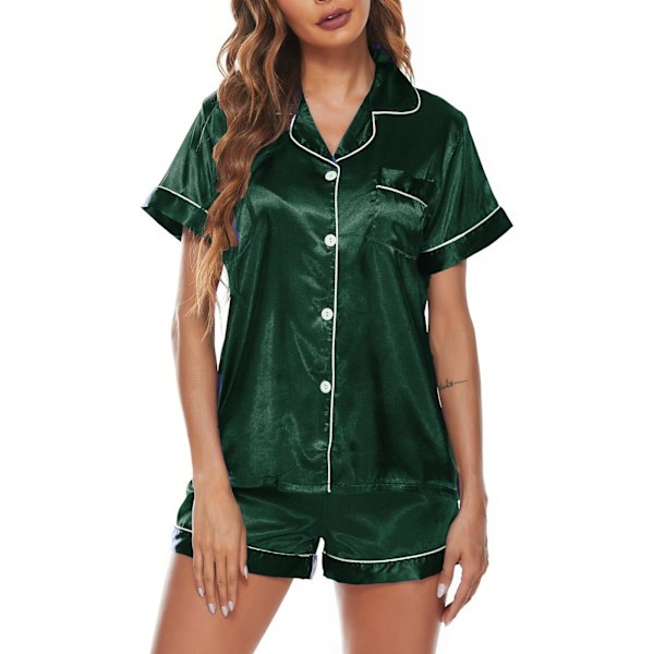 Kortärmad Dam Pyjamas Mode Mjuk Bekväm Andningsbar Satin Pyjamas Dam med Bröstficka Dam Loungewear Grön XXL