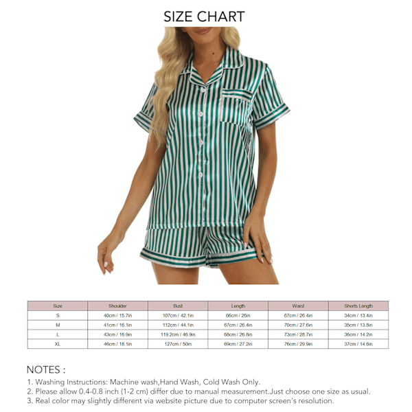 Dam Kortärmad Pyjamas Set Nedvikt Krage Vackert Tryck Tvådelad Topp Shorts Nattkläder Grön Rand L