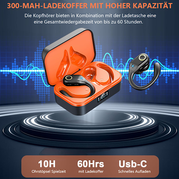 Sport Hörlurar, Hi-Fi Ljudkvalitet Bluetooth 5.3 Trådlöst Laddningsfodral Digital Display För Intensiva Träningspass, 60H Speltid, Djup Bas Over-Ear