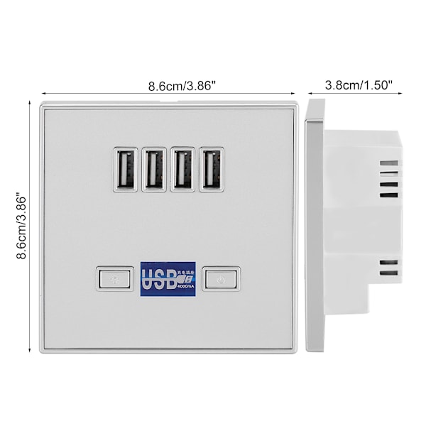 4 Portin LED-valolla varustettu USB-laturi seinäpistorasia-latausasema rakennustyömaille 220V Hopea