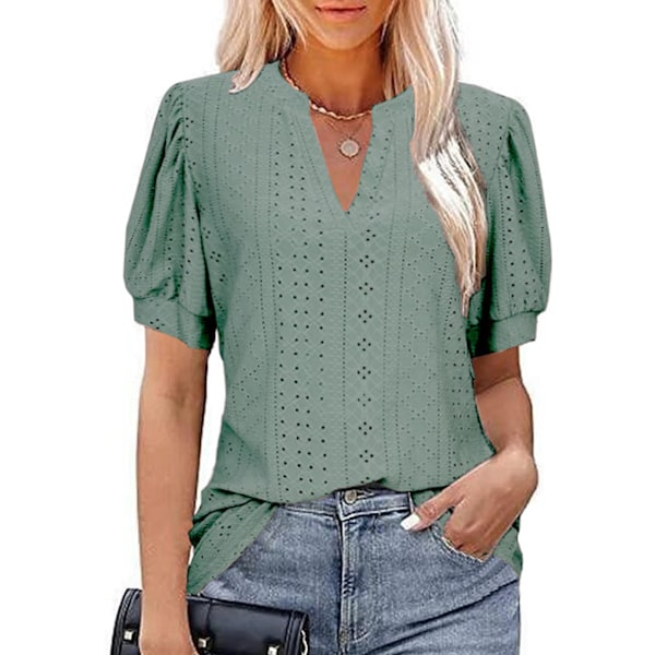Blus med puffärm, V-ringning, ihålig, enfärgad, slim fit, kortärmad, ledig blus för kvinnor, dam, mörkgrön L