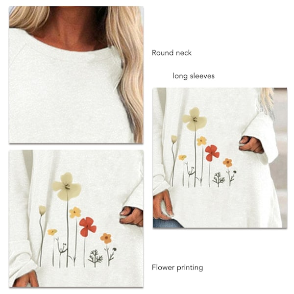Dam Rundhalsad T-shirt Blommönster Långärmad Andningsbar Ledig Lös Blus V XL