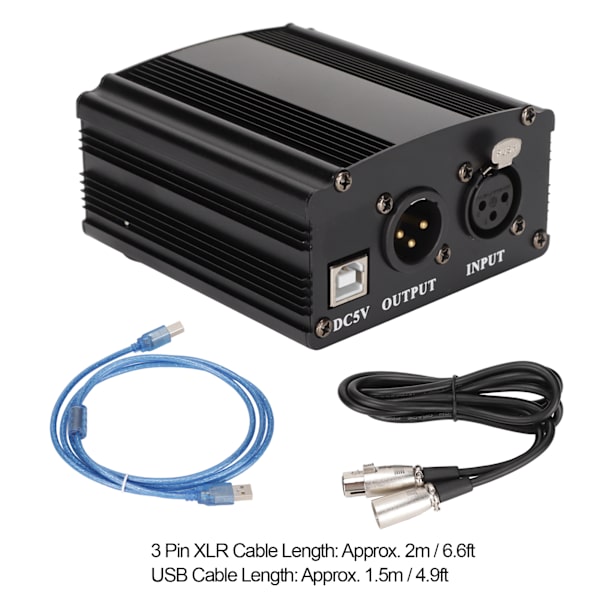 48V Phantom Power Supply 1-kanals kondensatormikrofon strømforsyning med XLR 3-bens kabel og USB-kabel