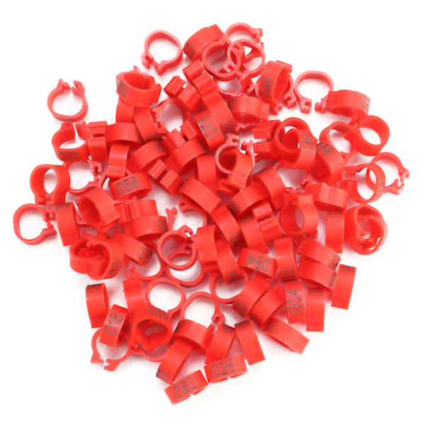 100 st/påse 8MM 001-100 Numrerade plastbrevduva fågelbenband ringar (röd)