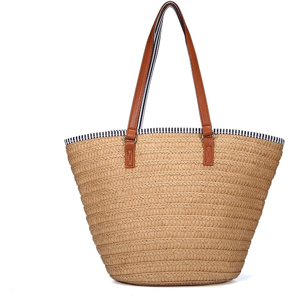 Halmväska, sommarstrandväska, dam axelväska med läderhandtag, tofshandtagsväska, damstrandväska, crossbodyväska, shoppingväska, raffia