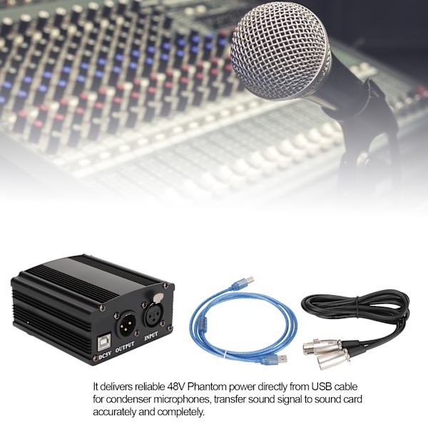 48V Phantom Power Supply 1-kanals kondensatormikrofon strømforsyning med XLR 3-bens kabel og USB-kabel
