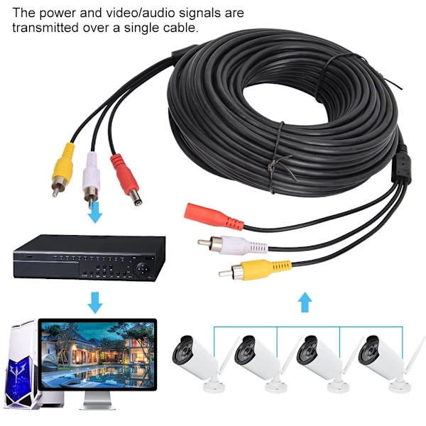 3 in 1 jatkojohto Audio/Video virtajohto CCTV-autokameraan, taustapeiliin (20m)