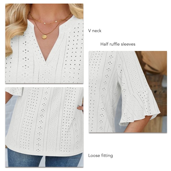 Dam V-ringad Topp Halv Volangärm Ren Färg Lös Passform Sommar Vardags T-shirt för Daglig Användning Vit XL
