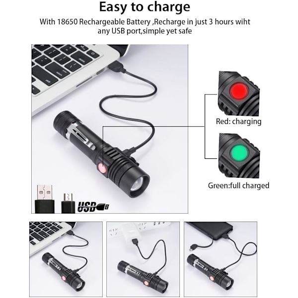 Ultraljus Stark Uppladdningsbar USB LED Ficklampa, Hög Lumen Justerbart Fokus, Mini Storlek & Halkfri Design för Daglig Användning, Promenader med Hundar, Vandring,