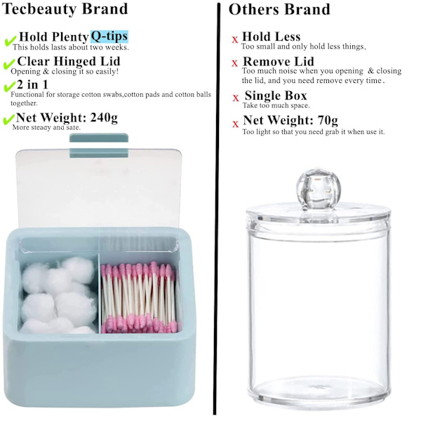 Q-tips hållare behållare för bomullstussar, tops, rundor, tandtråd, dispenser behållare låda med 2 fack, badrum fåfänga bänkskiva förvaring