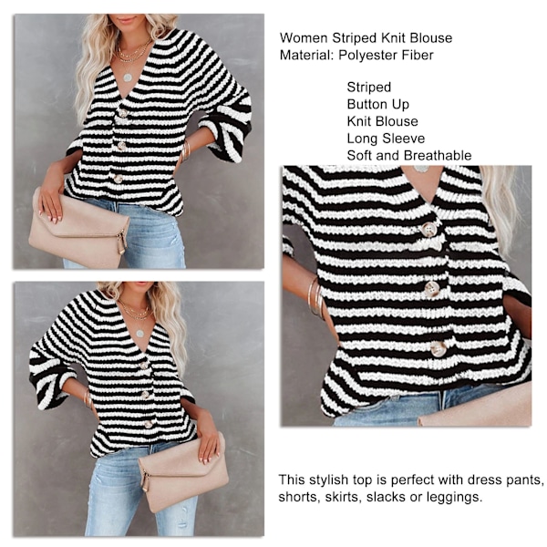 Damrandig Stickad Blus Knäppt V-ringad Stickad Topp Långärmad Casual Randig Blus Svart M