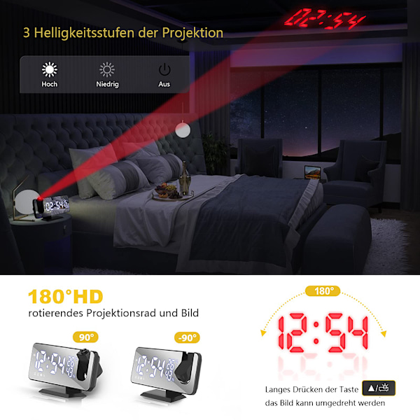 Digital Projektionsväckarklocka för Sovrum, Spegelskärm med Dubbla Alarm, Enkel Snooze-knapp