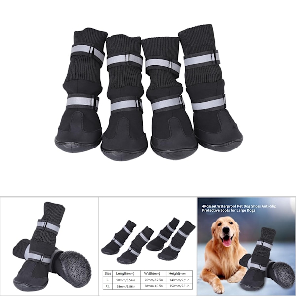 4 stk. sæt vandtætte hund sko Anti Slip beskyttende støvler til store hunde sort XL