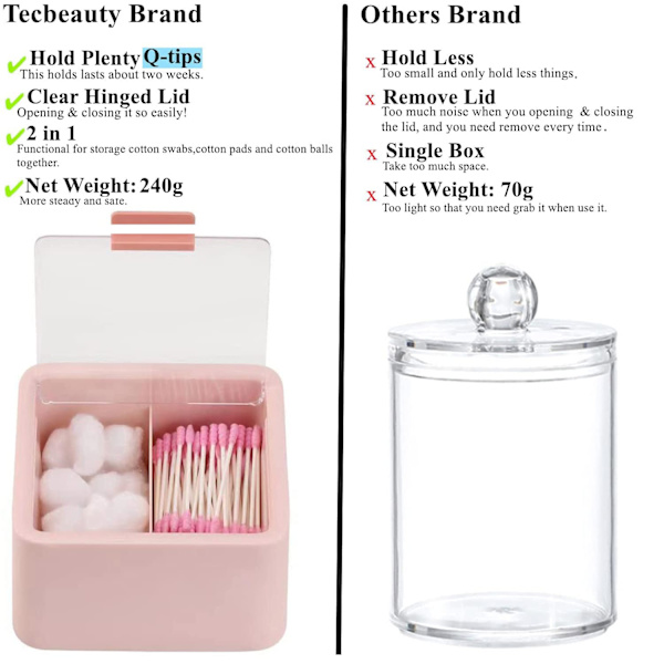 QTip-hållare Behållare för bomullstussar, tops, rundor, tandtråd, Dispenserbehållare Låda med 2 fack, Badrum Toalettbänk Förvaring