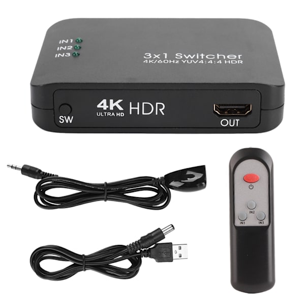 3x1 4K HDMI 2.0 Switcher HD IR Fjernbetjening Splitter Adapter med LED-indikator