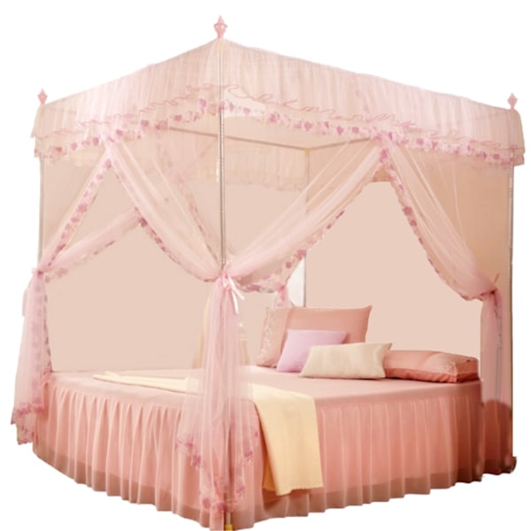 Luksus Prinsesse 3 Side Åbninger Post Seng Gardin Baldakin Netting Myggenet Sengetøj (Pink S)