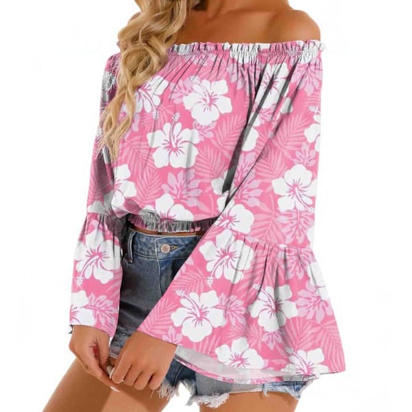 Dam Off Shoulder Topp Casual Utsvängd Långärmad Volang Blus Rynkad Lös Elegant Skjorta Rosa L