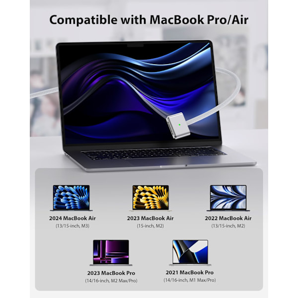 Flexibel Laddningskabel för MacBook Air & Pro, Kompatibel med MacBook Air 13-tum 2024, Höghastighets Snabb Laddning 140W för Snabb Strömförsörjning