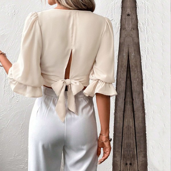 Dam V-ringad Omlottblus Knytband Elegant Figurnära Puff Kortärmad Croppad Blus Aprikos L
