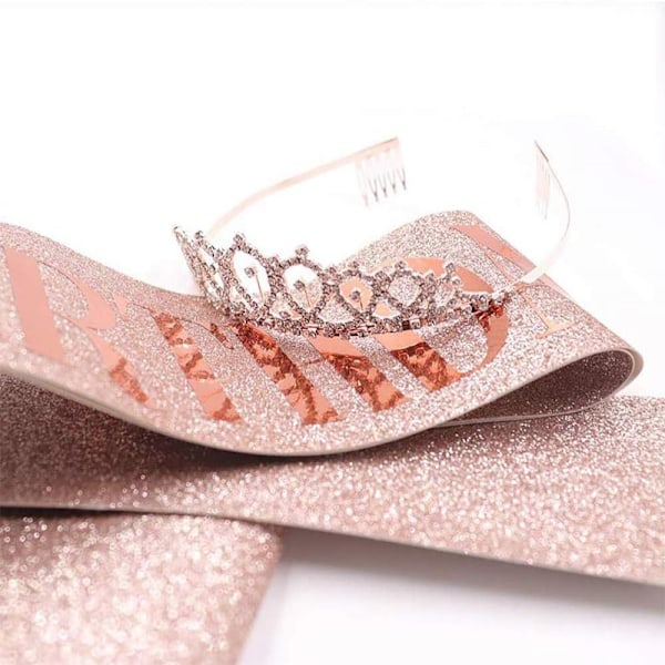 Roséguld Glitter Skärp & Strass Tiara, Födelsedagsdrottningens Ultimata Accessoar, Justerbar, Glittrande Kristalldesign