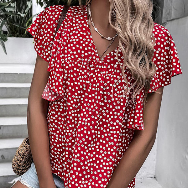 Volang Kortärmad Blus Blommig Tryckt Casual Figursydd V-ringning Volangärm Blus för Kvinnor Sommar Vinröd XXL