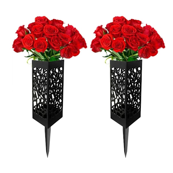 2Pcs Cemetery Grave Vase Black Column Unique Hollow Design Easy Installation Ground Insert Grave Flower Holders