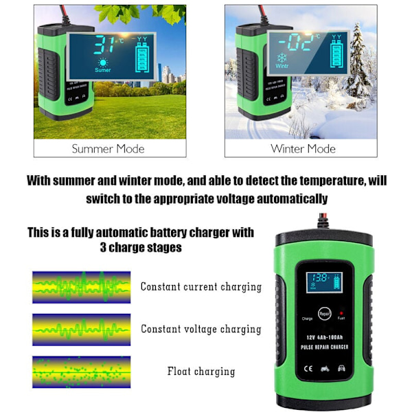 Effektiv Batteriladdare Underhållare, 12V 6Amp för Bred Användning, med Flera Skydd och Lättanvänd LCD-Display, Komplett med Intelligent