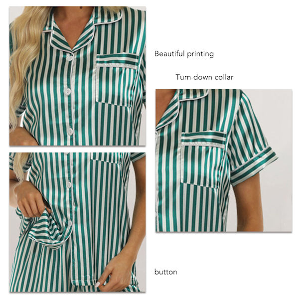 Dam Kortärmad Pyjamas Set Nedvikt Krage Vackert Tryck Tvådelad Topp Shorts Nattkläder Grön Rand L