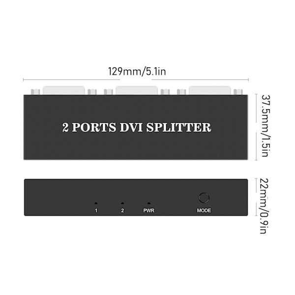 1x2 DVI-splitter 1 in 2 ut Stödjer upplösning upp till 1920x1440 2-portars DVI-videosplitter för PC Laptop DVR Projektor HDTV
