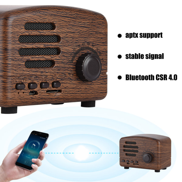 Bärbar retro Bluetooth-högtalare i trä, skrivbordsradio med FM, basstereo, mikrofon, USB-minneskortstöd