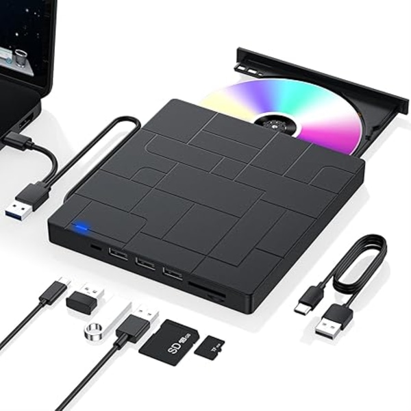 Bärbar Optisk Enhet, Höghastighets USB 3.0 Extern CD/DVD-enhet för Laptop Desktop PC, Plug and Play CD-brännare, DVD-spelare med Felkorrigering för