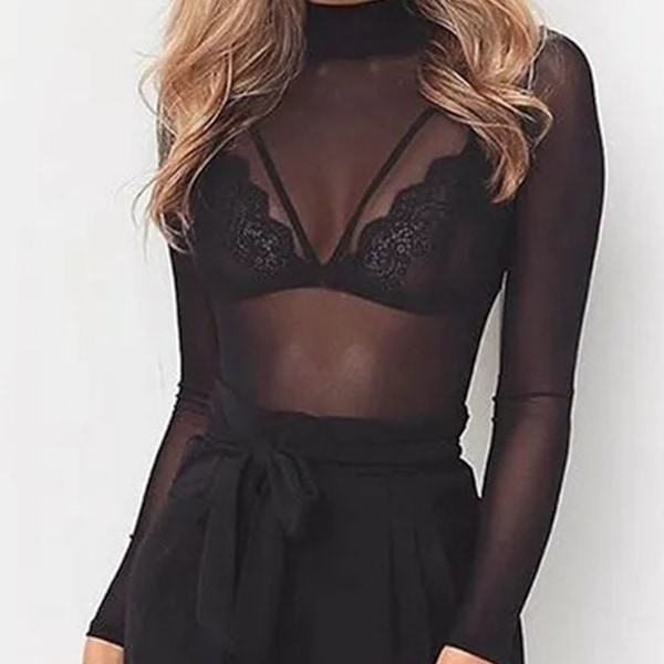 Dam Långärmad Mesh Topp Elegant Andningsbar Elastisk Slim Fit Genomskinlig Underdel Skjorta Blus