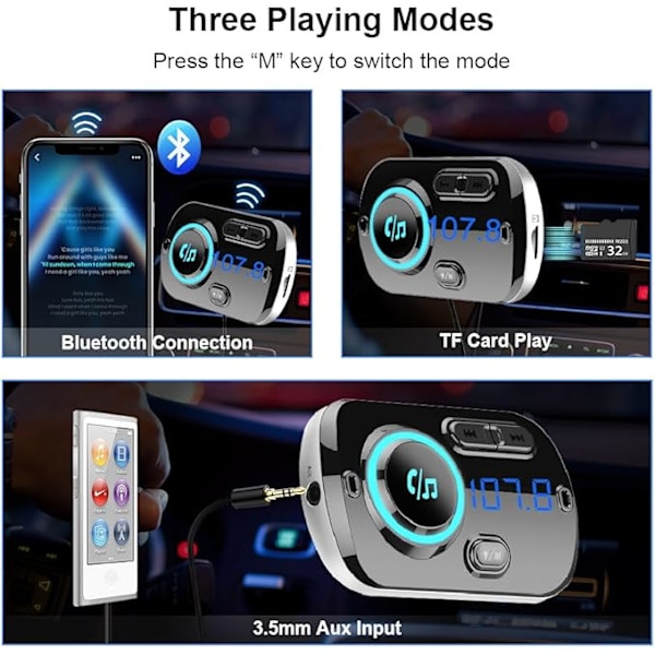 Päivitetty Bluetooth 5.3 FM-lähetin autoon, handsfree ajoneuvoihin, MP3-soitin autoon, QC3.0 & PD 20W USB-portit, tukee korttia