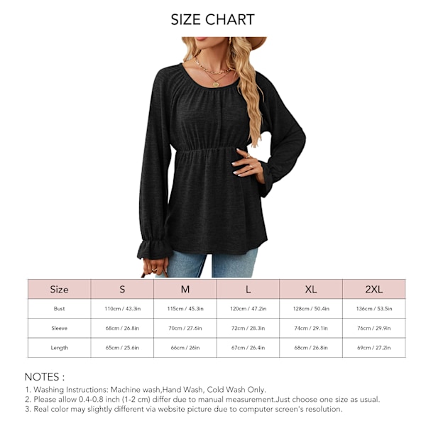 Dam Långärmad Blus Rund Hals Enfärgad Midjesmickrande Slimmad Casual Bekväm Topp för Shopping Dejting Kontor Svart M