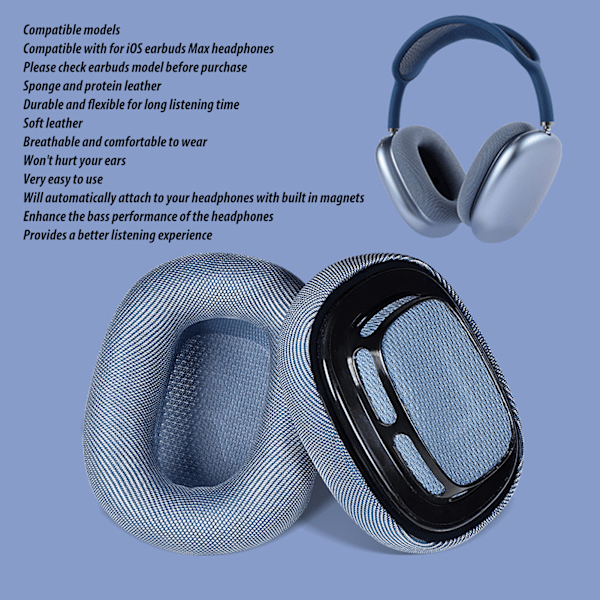 Ersättningsöronkuddar Proteinläder Memory Foam Mjuka Andningsbara Hörlursöronkuddar för IOS Earbuds MAX Blå