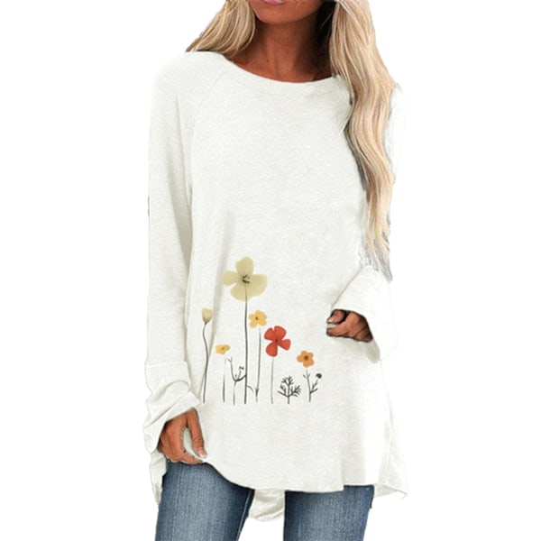 Dam Rundhalsad T-shirt Blommönster Långärmad Andningsbar Ledig Lös Blus V S